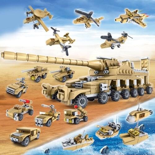 16 in 1 Army Tank Building Bricks Military Vehicles Aircraft battleship Child Puzzle Assembled Giant Cannon toy brick Toy