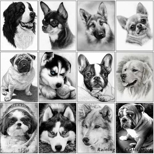 5D Diy Diamond Painting Black and White Dog Full Square Round Drill Embroidery Animal Cross Stitch Mosaic Pictures Home Decor