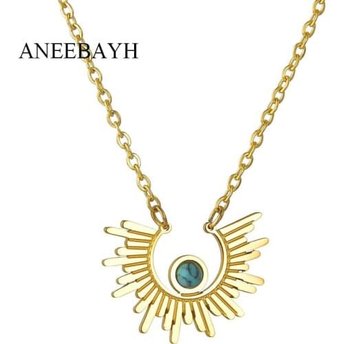 Bohemian Gold Geometric Pendant Necklace For Women Hollow Circle Blue Stone Choker Necklaces Vintage Jewelry Wholesale