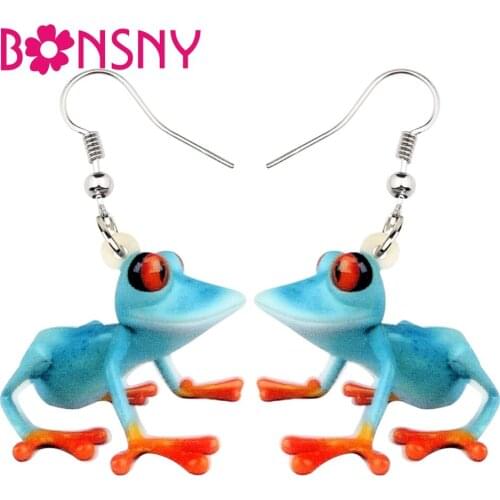 Bonsny Acrylic Cartoon Blue Frog Earrings Drop Dangle Fashion Novelty Animal Jewelry For Women Girls Teens Gift Charms Wholesale