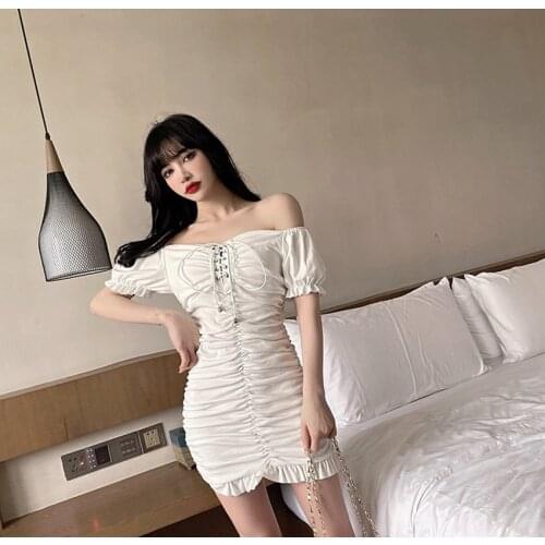 C3411 2021 summer new women fashion sexy temperament one word shoulder tight drape wrap buttock dress cheap wholesale