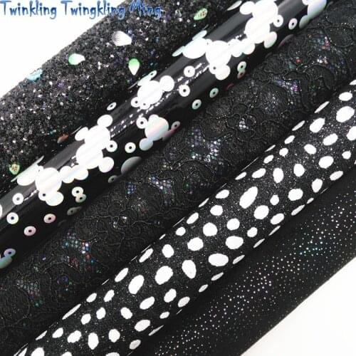 Black Glitter leather, Dots Printed Glitter Fabric, Iridescent Synthetic Leather For Bow A4 21x29CM Twinkling Ming KM276