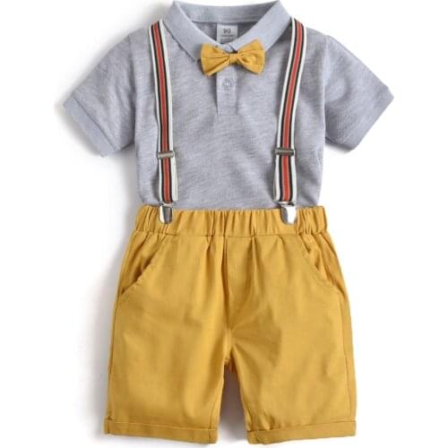Kids Clothes Boys Baby Sets Turn-Down T-Shirt + Yellow Shorts + Belt 4 Pieces Children Outfit Cotton Costume 2- 6 Years Grey