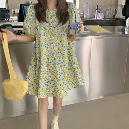 GUUZYUVIZ Puff Sleeve O-neck Floral Dresses For Women Casual Loose Mini Dress Korean Fashion Summer Harajuk Kawaii Woman Dress