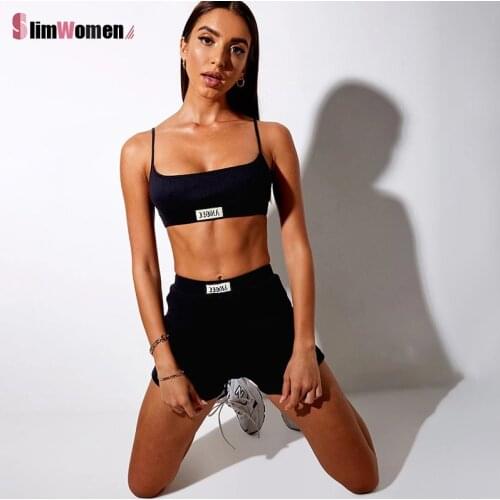 New Sexy Letter Label Rib Knitted Skinny Two Piece Set Women Cropped Camisole Top and Biker Shorts Tracksuit Fitness Gym Outfits
