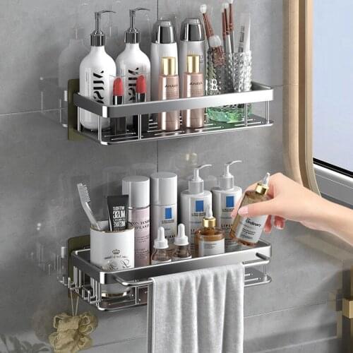 Kitchen Bathroom Accessories Punch-Free Shelf Space Aluminum Wall-Mounted Storage Rack For Bathroom Shelves Supports Organizer