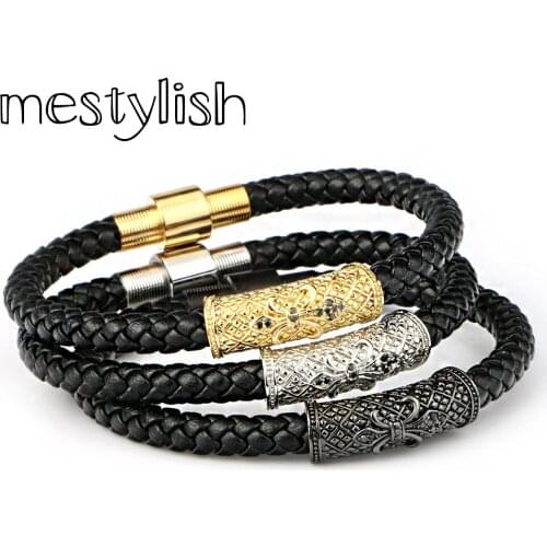 Mestylish 6mm Genuine Nappa Leather Micro Pave CZ Anchor Man Bracelets Stainless Steel Magnet Buckle Bracelet Best Friend Gift