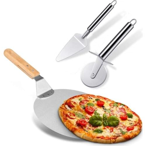 3 Pack Pizza Kit Stainless Steel 10 Inch Round Metal Pizza Peel with Pizza Cutter Wheel Pizza Shovel Servers