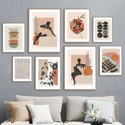 Wall Art Canvas Painting Flower Leaves Sun Round Abstract Girl Nordic Posters And Prints Wall Pictures For Living Room Decor Bar