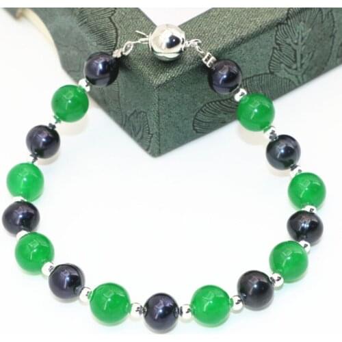Original Strand Bracelets For Women 8mm Green Chalcedony 7-8mm Black Natural Pearl Beads Bracelets Bangle Jewelry 7.5inch B2752