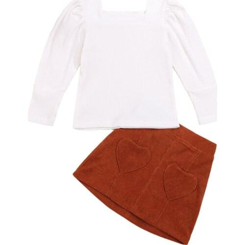 2 Pcs Infant Fall Outfits 2021 New Arrived Tollder Girls Solid Color Puff Sleeve Square Collar Pullover Tops + Heart Skirt Sets