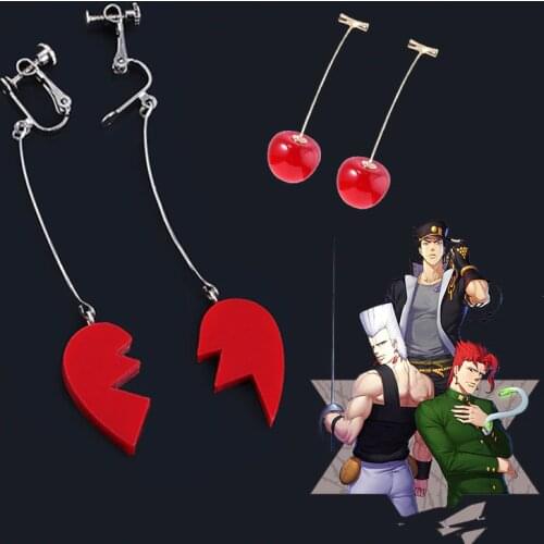 Anime JoJos Bizarre Adventure Heart Clip Earrings Kujo Jotaro Heart Kakyoin Noriaki Cherry Drop Earrings Girl Jewelry Gift