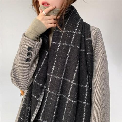 Luna&Dolphin Women Elegant Scarf Warm Knitted Classic Big Plaid Ins Soft Wool Imitation Cashmere Tippet Pashmina Blanket Shawl