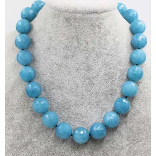 Blue jade faceted round 14mm necklace 18inch wholesale beads nature FPPJ woman 2017