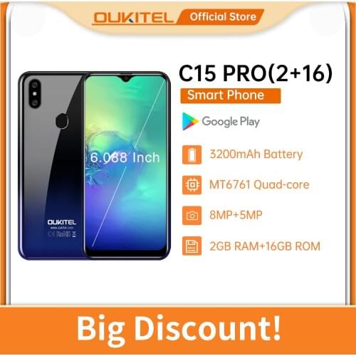 OUKITEL C15 Pro 4G LTE Smartphone 2G 16GB 3200Mah 6.088 HD Mobile Phone Fingerprint 8.0MP Camera Full Screen Android 9.0 Phone