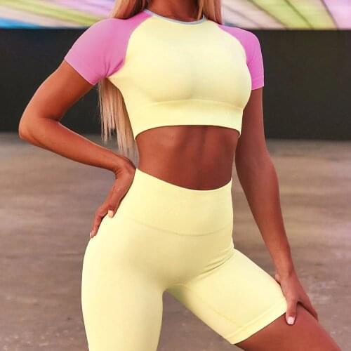 Fitness New Style Contrast Color Sport Set Short Sleeves Crop Top Shirts Compression Shorts Workout Yoga Suit