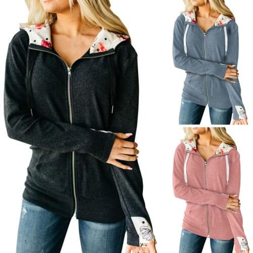 Autumn Winter Women Long Sleeve Floral Print Hood Zipper Hoodie Coat Outerwear Sweatshirt Tops