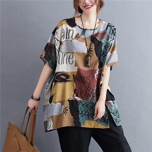 2021 New Arrival Fashion Summer T shirts Thin Soft Cotton Linen Loose Women Casual T Shirt Print Letter Vintage Tshirts Tees