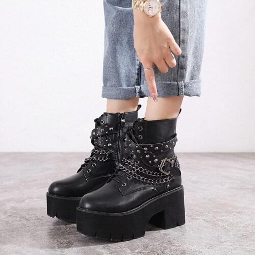 2021 Gothic Black Ankle Boots For Women Plus High Heel Female Shoes Lace-Up Nigh Club Black Sexy Rivets Chain Short Martin Boots