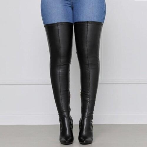 2021 Knee High Women Boots Sexy Thick Heels Thigh Boots Female Pu Leather Pointed Toe Black Boots Ladies Big Size Fashion Autumn