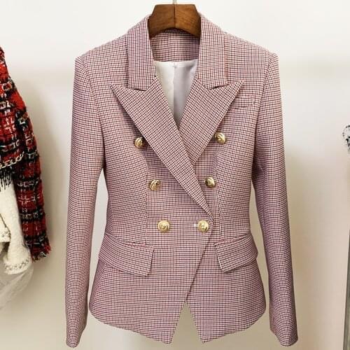 HIGH STREET Newest 2021 Designer Jacket Womens Classic Metal Buttons Double Breasted Slim Fitting Houndstooth Blazer