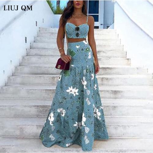 2021 Summer Floral Print Two-Piece Suit Maxi Dress Women Sets Sexy Skirt Set Crop Tops With High Waist Maxi Skirt Top And Skirt