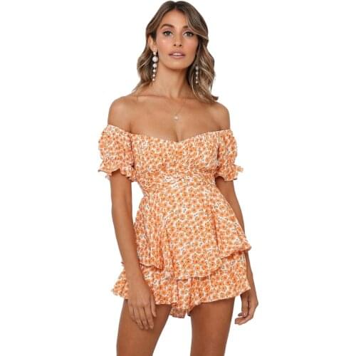 Echoine Summer Slash Off Shoulder Ruffle Playsuit Mini Shorts Dress Women Elegant Floral Print Beach Rompers Sexy Party Clubwear