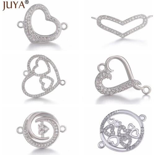 Promotion Luxury Copper Zirconia Jewellery Findings Components Heart Charms Connectors For Bracelet Necklace Earrings DIY Making