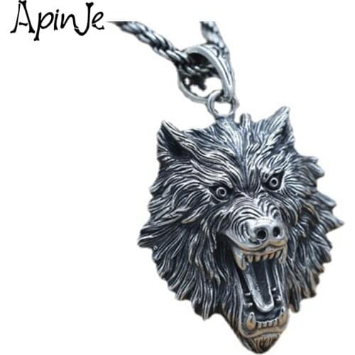 Apinje Vintage Necklaces Pendants 925 Sterling Silver Jewelry Animal Wolf Head Retro Personality Punk Jewelry