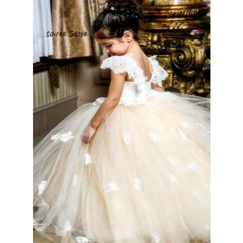 Ball Gown Lace Flower Girls Dresses Square Neckline Puffy Tulle Appliques decoracion comunion Kids Formal Pageant Dresses Cheap