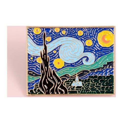 Retro Starry sky Ink painting brooch lapel fashion Creative pin Jewelry Abstract art Enamel badge Gifts for friends Van Gogh