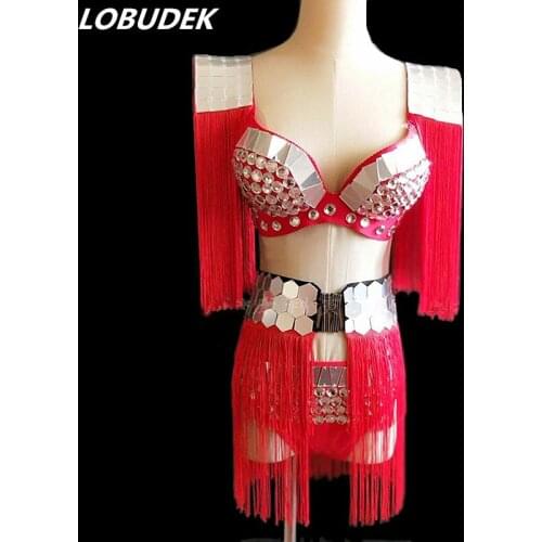 Bra+Shorts+Belt) Red Rhinestones Tassels Bikini 3 Pieces Suit Sexy Female Nightclub Stage Outfit Bar DJ DS Performance Costume
