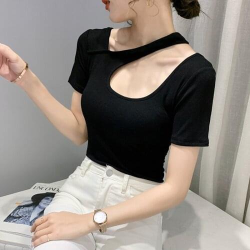 Streetwear Hollow Out T Shirts for Women Fashion Sexy Backless Black/White T-shirt Top Female Irregular Slim-fit Ladies Tees