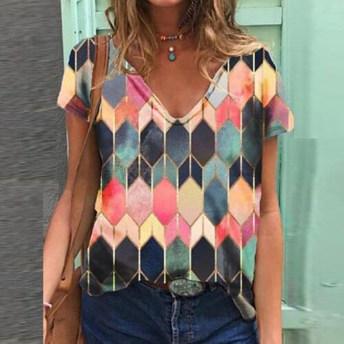 2021 Summer 3D Pattern Printed Shirt Women Spring Summer V Neck Short Sleeve Women Tops Loose T Shirt Plus Size