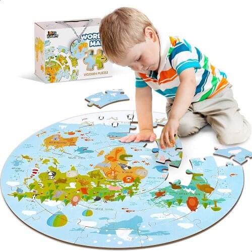 IPlay, iLearn Kids Wooden World Map Jigsaw Puzzles, Jumbo Round Floor Puzzle w/ Continents Oceans N Animals Gift for 3, 4, 5, 6