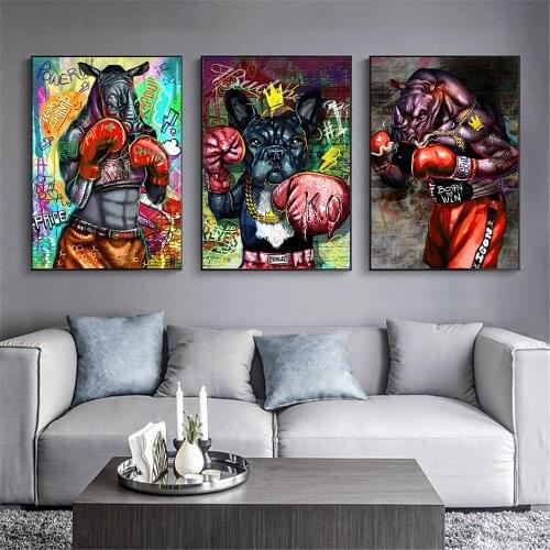 Graffiti Painting Canvas Wall Art Rhinoceros Power Boxer Champion to Win Posters Graffiti Picture for Living Room Home Decor