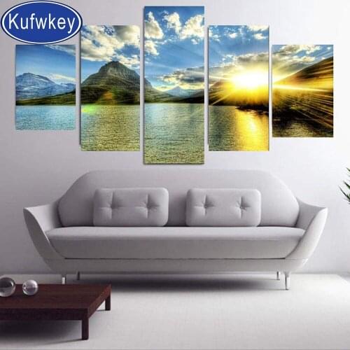 Lake Sunset diamond painting stitch cross 3d diy embroidery full set round drill home decor natural scenery wall art 5pcs/set