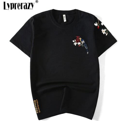 Lyprerazy Men women Unisex Chinese Magpie Bird Embroidery T-Shirt Hip Hop marry bird Couples Cotton Harajuku Tee Shirt