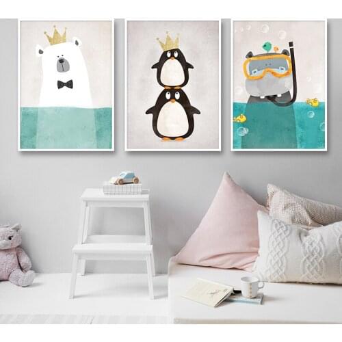 Cartoon Bear Penguin Hippo Nursery Wall Art Canvas Poster Nordic Kids Cute Animal Posters And Prints Wall Pictures For Kids Room