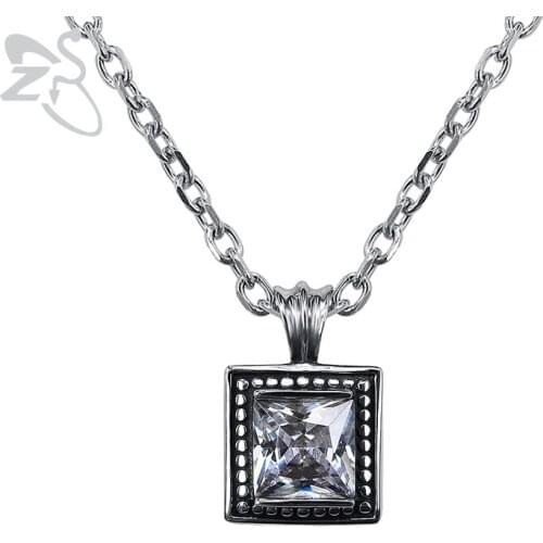 ZS Mens Square Zirconia Pendant Necklace 316L Stainless Steel Punk Jewelry Rock n Roll Necklaces Hip Hop Accessories for Biker