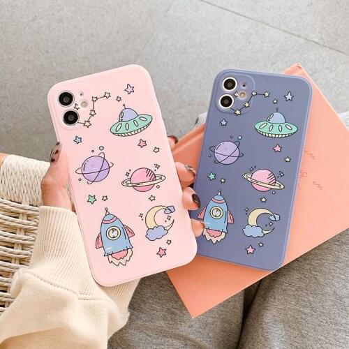 Stars planets spaceship Dinosaur Phone Case For iPhone 12 11 Pro 6 7 8 Plus X XR XS Max Square Straight Edge Silicone Soft Cover