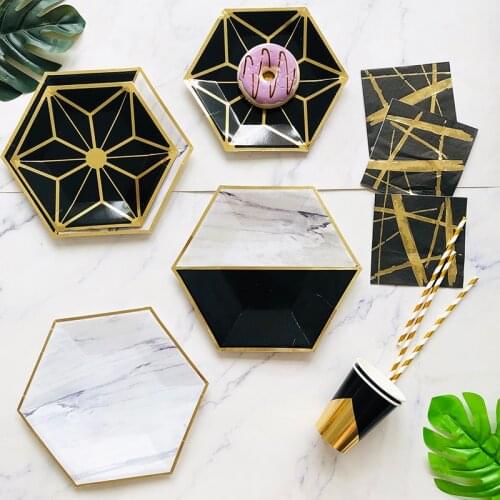 Gold Marble Series Disposable Tableware Black Pink Green Paper Plates Cups Napkins Sets Kids Birthday Wedding Party Decorates