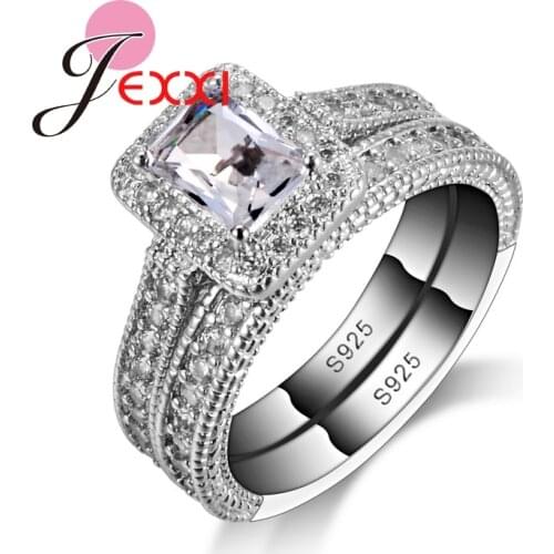 Top Selling Fashion CZ Square Rings Set 2 PCS Wholesale 925 Sterling Silver Women Party Jewelry Austrian Crystal