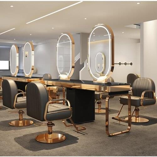 Stainless steel luxury marble net red mirror table hair salon mirror barber cabinet one hair salon dedicated