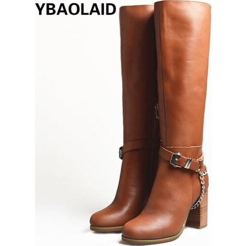 Autumn and Winter 2021 New Round Head Cowhide Metal Chain Belt Buckle Side Zipper Thick High-heeled Fashion High-tube Boots