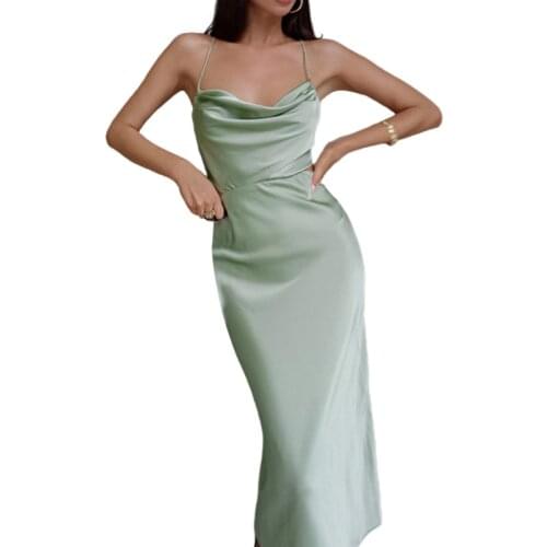 Women Tie-up Backless Dress, Adults Solid Color Satin Bandage Cross Strap Dresses Evening Party
