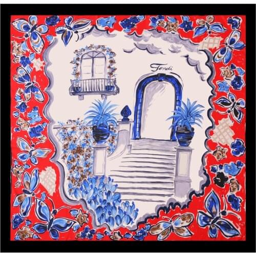 POBING 100% Silk Scarf Women Large Shawls Paris Garden Print Stoles Square Bandana Luxury Brand Kerchief Scarf Female Foulards