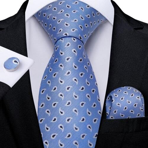 Gift Men Tie Light Blue Paisley Silk Wedding Tie For Men DiBanGu Design Hanky Cufflink Quality Men Tie Set Fashion Dropshipping