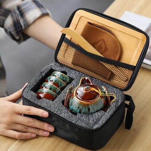 Portable Travel Tea Set Kung Fu Teacups Teapot 1Pot 4 Cups Bamboo Tray Gaiwan Ceremony Chinese Teaware Ceramic Exquisite Gift