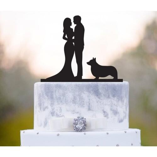 Mr&Mrs Wedding cake topper,Bride&Groom and Welsh corgi Silhouette cake topper,Couple and corgi dog Wedding cake Decor Supplies